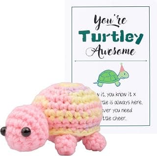 Funny Crochet Turtle Doll, Handmade Emotional Support Knitting Wool Turtle Animal Gift Car Ornament with Wooden Base Positive Affirmation Card for Car Home Office(W7)