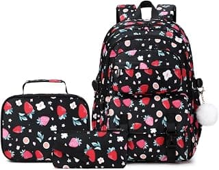 Kids Backpack for Girls with Lunch Box Teen Girl Backpacks Set Travel Daypack Large Bookbags for Teens Girls (strawberry)