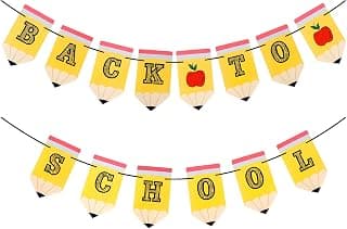 Back to School Banner, First Day of School Banner, Pre-Strung Yellow Pencil Apple Banner, Back to School Decorations Paper Banner for Classroom Teacher Decor School Party Favor Supplies Photo Props