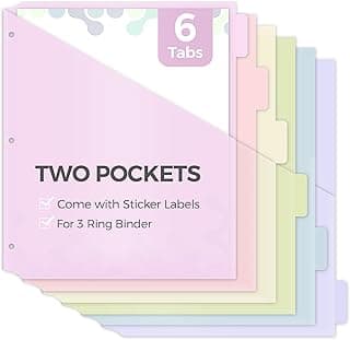 SKYDUE Binder Dividers with Tabs and Pockets, 6 Tabs Dividers for 3 Ring Binder, Tear-Resistant Plastic Binder Dividers for School, Office, Home