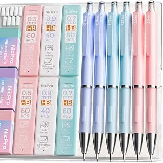 Nicpro 6PCS Pastel Mechanical Pencil Set, Cute Pencils 0.5 & 0.7 & 0.9 mm | 360PCS HB Lead Refills, 3 Eraser, 9 Eraser Refill, Storage Case for Back to School Supplies for Girls Student Stationery