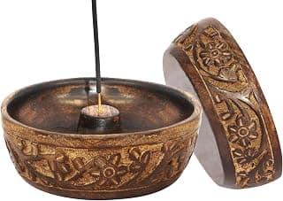 COTTON CRAFT Hand Carved Wood Incense Burner Holder - 2 Pack - Natural | Bowl Style Floral Incense Sticks Burner Ash Catcher - Aroma Room Freshener Zen Home Décor Yoga Meditation Gift - 5x5x1.5