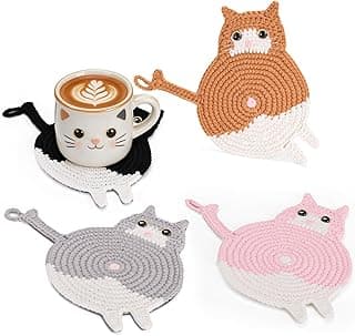 Oversized 6.7'' Handmade Cat Coasters for Drinks Set of 4 | 3D Eyes Cat Butt Design, Felt Backing, Cotton Mug Rug, Coffee Table Decor