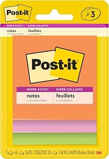 Post-it Super Sticky Notes, 3 x 3 in, Neon Fizz, 3 Pads, 45 Sheets/Pad | School Supplies and Oﬃce Supplies, 2X the Sticking Power