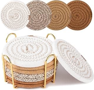 OIAHOMY 8 Pcs Coasters with Holder for Beer, Coffee, Woven Cotton Coaster Set for Table Decor for Kitchen, Bar, Dining Room, Living Room, Housewarming Gifts - Yellow