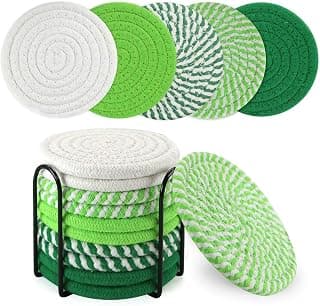 Drink Coasters Set of 10,Cotton Woven Absorbent Cup Coasters with Holder,5 Colors Boho Coasters for Tabletop Protection Home Office Decor,Suitable for Kinds of Cups