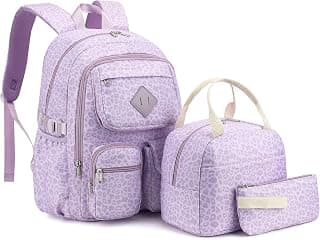 Girls Backpack Set for School Backpacks with Lunch Box Pencil Case 3 Piece Bookbags, Kids Elementary Teen Student Lightweight School Bag Set-Leopard Purple