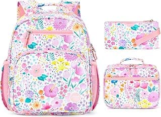 Girls Backpack with Lunch Box: 3PCS Kids Backpack Set for Kindergarten Elementary - 15 IN Cute Bookbag - Flower Pink