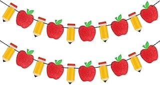 VILIFEVER 2 Pieces Pencil Apple Banner Garland Back to School Decorations | First Day of School Banner, Apple Garland, Apple Decorations for Classroom, Teacher Supplies Photo Props, Pre-Strung