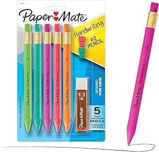 Paper Mate Handwriting Triangular Mechanical Pencils with Lead & Eraser Refills, 1.3mm, Fun Barrel Colors, 5 Count - School Supplies, Kids Writing