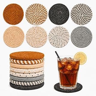 MAQIHAN 8 PCS Coasters for Drinks - Woven Absorbent Coaster Set of 8 Colors | 4.3 Inch Handwoven Cotton Coasters for Boho Home Decor Coffee Table Farmhouse Kitchen Tabletop Protection & Housewarming Gift