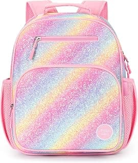 Girls Backpack 5-8: Glitter Kids Backpacks for Girls - Girl Bookbag for Elementary School - Twill Rainbow Pink