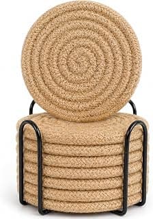 ABenkle 8 Pcs Drink Coasters with Holder, Jute Woven Absorbent Coasters for Drinks, Boho Minimalist Home Decor Coaster Set for Coffee Wooden Tabletop Protection Table, 4.3 inches