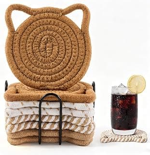 Coasters Set of 8 with Holder for Drinks, Absorbent Cotton Woven Coasters for Desk, Cute Cup Coaster Set for Living Room Decor and Tabletop Protection (Mixed Brown)